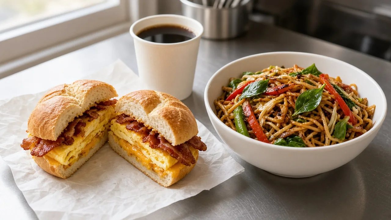 A bacon, egg and cheese sandwich on a kaiser roll cut in half next to a bowl of stir-fried noodles with basil and a cup of coffee